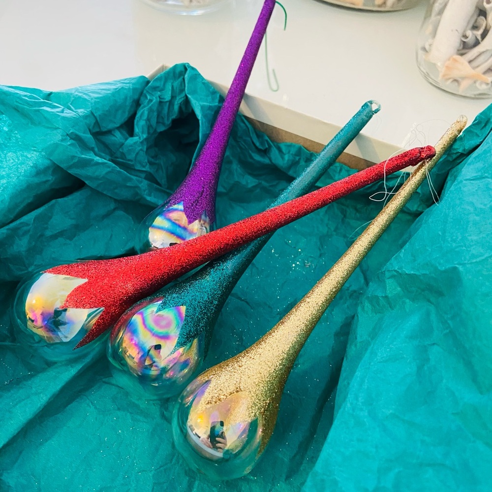 Lot of 4 Vintage Teardrop Glass Christmas Ornaments